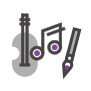 Icono de guitarra, nota musical y pincel Icono de guitarra, nota musical y pincel