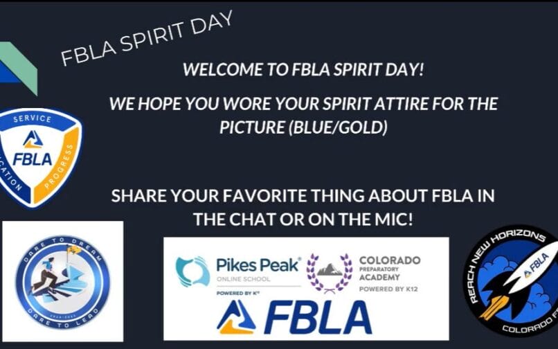 Gráfico para el Día del Espíritu FBLA, con varios logotipos, incluyendo Future Business Leaders of America y Pikes Peak Online School. El texto anima a compartir las cosas favoritas de FBLA y menciona vestirse de azul y oro para una foto.