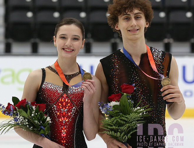 Dos patinadoras artísticas, con medallas de oro colgadas al cuello, sostienen ramos de flores y posan sobre el hielo tras una competición.